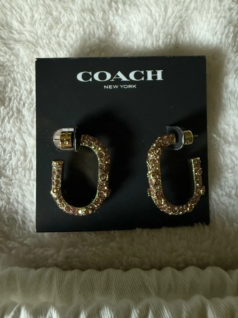 Coach Pink Crystal C-Hoop Earrings with Gold Accents - Picture 2 of 5